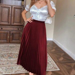 Classic Pleated Satin Midi Skirt Evening classy chic burgundy